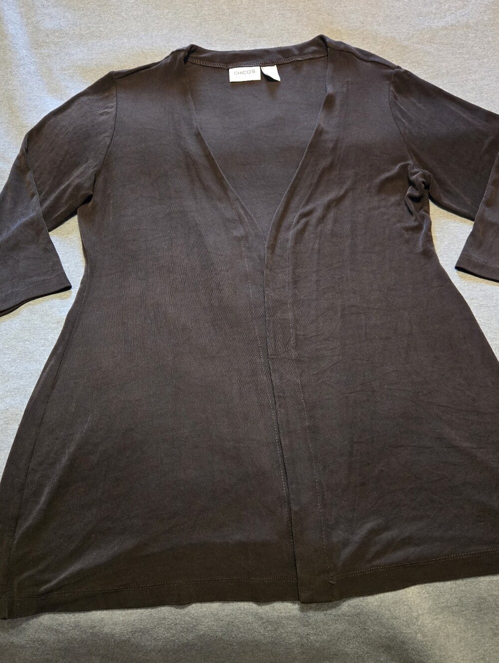 Chicos Travelers Brown Acetate Knit 3/4 Sleeve Open Front Cardigan Top- Sz 2